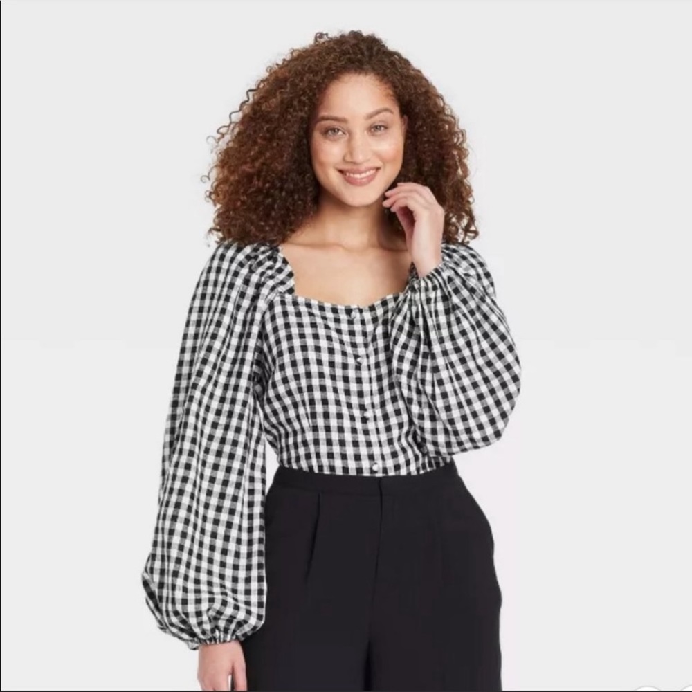 WhoWhatWear Happy Gingham Balloon Sleeve Blouse Size S Black/White